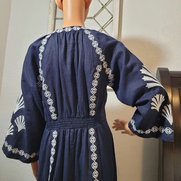 Boden UNA Blue Embroidered Elastic Waist Linen Maxi Bohemian Dress Size Large - Picture 9 of 15